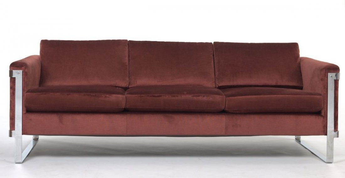 Chrome Flat Bar Sofa by Selig: Chrome Flat Bar Sofa, ca. 1960, by Selig 85" x 32 Â½" x 31" (hight w/pillows), 26" (hight w/out pillows) Newly upholstered in a designer cotton velvet of burgundy color with high density foam and po