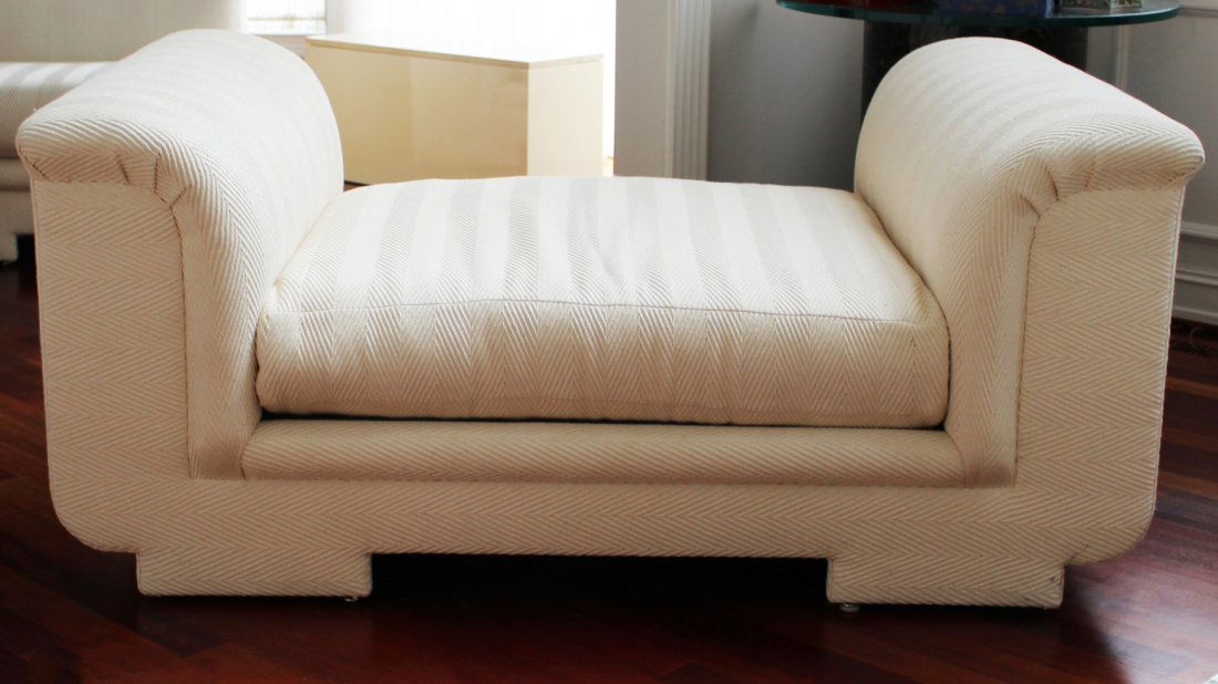 Custom Made White Setee Springer Era: Custom made in Hatian Cotton, from high end estate in Bloomfield Hills.Dimensions: 60" W x 39" D x 27" H x 19" SH