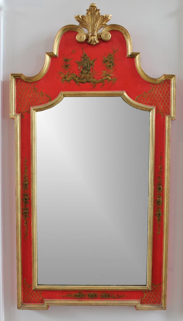 Chinese Asian Chinoiserie Red & Gold Mirror: Gold gilt and red mirror, made in Italy. 29\" W x 4\" D x 54\" H.