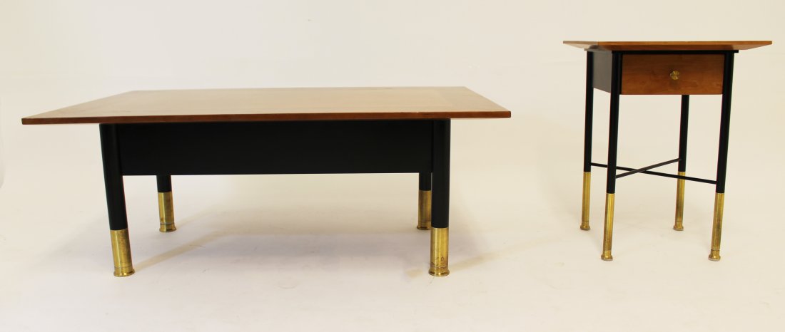 Pair of LaRosa & Bentley for Brickell Coffee and End: For your consideration is a gorgeous pair of wood and brass tables, one low coffee table and one end table, by Ward Bennett for Brickell Associates. In excellent condition. The dimensions of the coffe