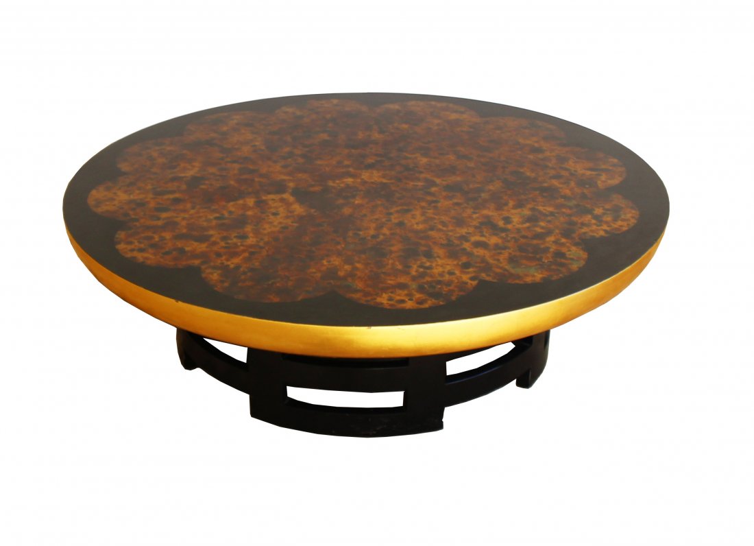 Kittinger Lotus Muller & Barringer Round Coffee Table: For your consideration is a glossy, black and gold, Kittinger Lotus coffee table by Muller and Barringer. In great vintage condition. Minor gold paint touch up on the side.The dimensions of 48" (4') D