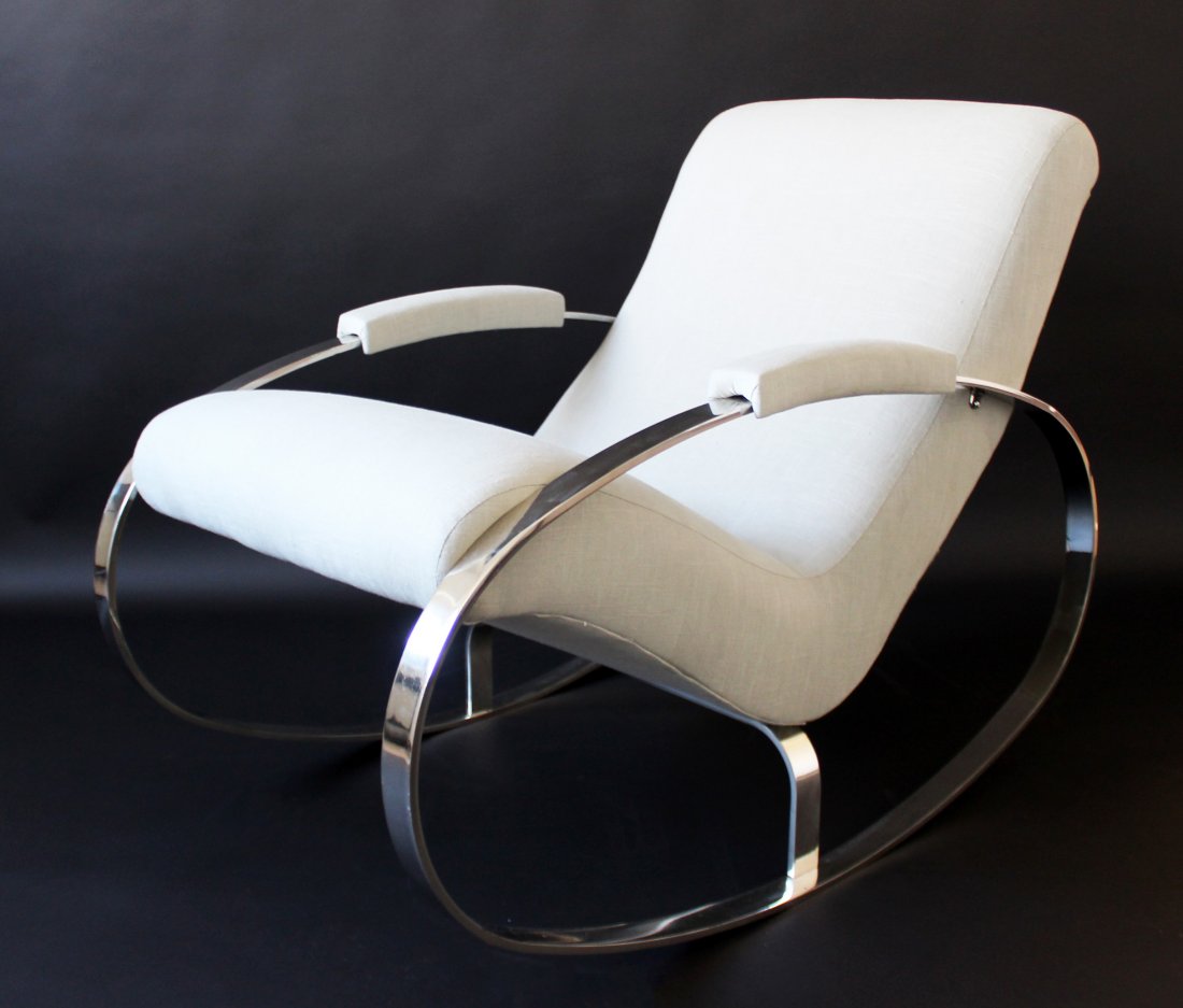 Chrome Rocker in the Style of Renato Zevi: For your consideration is a stunning, chrome rocker lounge chair. Renato Zevi for Selig. Professionally reupholstered in authentic vintage fabric. Chrome is in excellent condition. In excellent condit