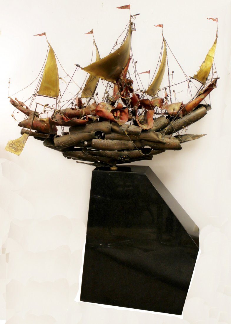 Brutalist Ship Sculpture Granite Base Signed 1972: For your consideration is an amazingly detailed, large ship sculpture on a tall granite base, circa 1972. Torchcut brass. The ship is signed "Bia" and has the word "Toronto" on it. In excellent condit