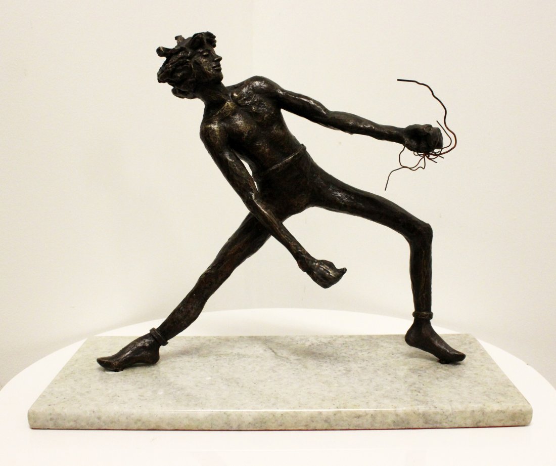 F-20 V-Salmones 3/10 Signed Bronze on Marble Sculpture: For your consideration is a bronze sculpture of a shirtless man holding what appears to be a ball of fire. Signed and numbered on the back of the leg. 17.5" x 8" x 14"