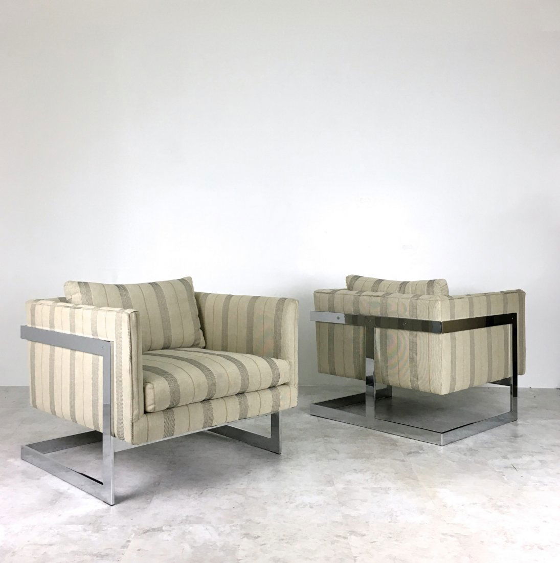 Milo Baughman Pair Flat Bar Chrome Cube Lounge Chairs (1 of 10)