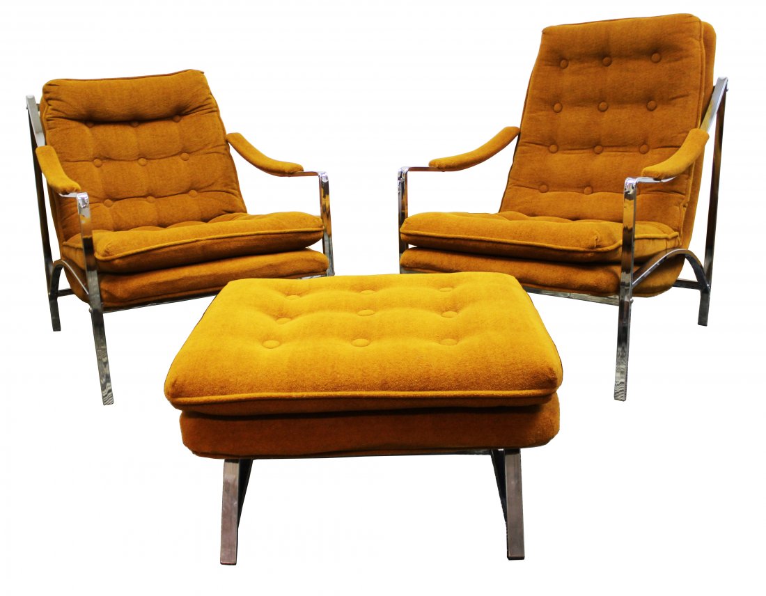 Milo Baughman Pair of Chrome Lounge Chairs and Ottoman (1 of 9)