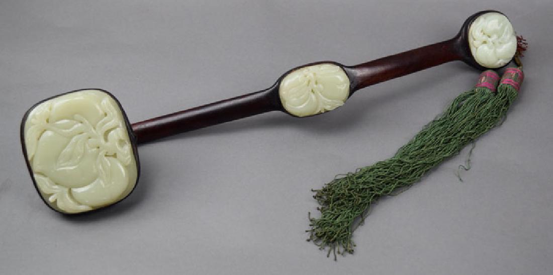 Chinese carved white jade inlaid rosewood Ruyi scepter (1 of 7)