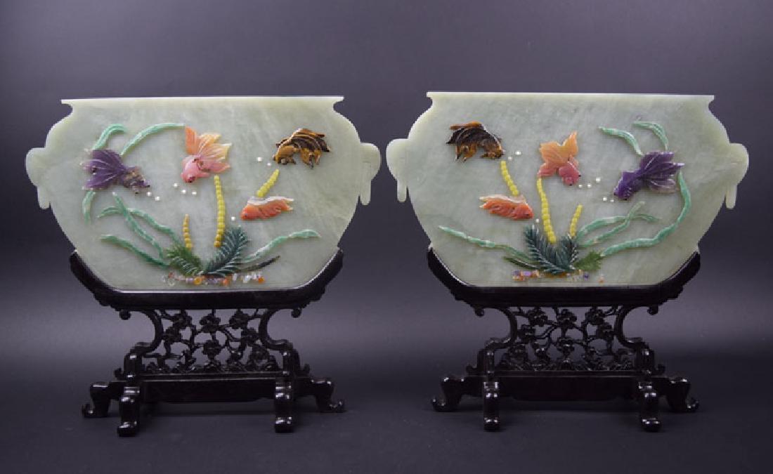 Pr Chinese carved jade table screens (1 of 3)
