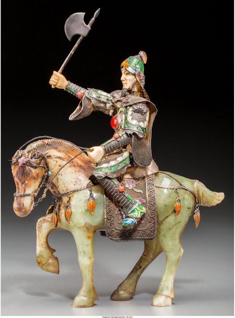 Chinese hard stone and enamel over silver warrior: Chinese hard stone and enamel over silver warrior, holding an battle Axe on his right hand. 8 3/4"H. 20th C.