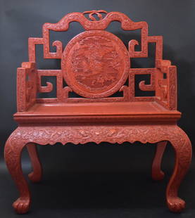 Large Chinese Qing cinnabar throne chair: Large Chinese Qing cinnabar throne chair. finely carved to depicting five boys playing in a landscape, dragons and phoenix in clouds. 18 -19th C. 40" H x 34" L x 24" W Provenance: Martin Fung's antiqu