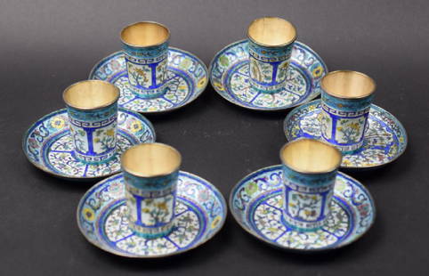 Set of 6 Chinese Qing enamel over silver cups with: Set of 6 Chinese Qing enamel over silver cups with plates, maker's mark underneath.19th C. 15.12 oz (469.8g) cups 1 7/8"H x 1 3/8" Dia, plates 3 5/8" Dia