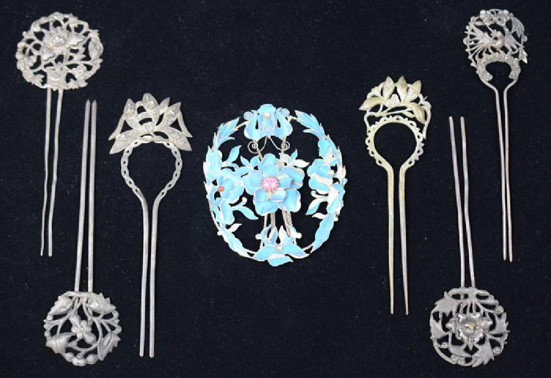 Set of seven Chinese Qing silver hair pins (1 of 5)
