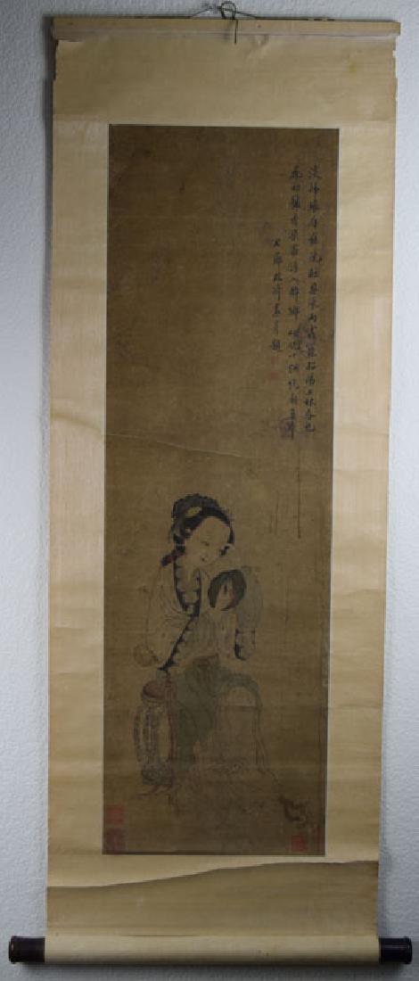 Chinese Qing water color on silk scroll painting: Chinese Qing water color on silk scroll painting, attr. to Gai Qi(1773-1828), depicting a lady looking into a mirror. site 11"W x 35 1/2"H