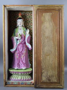 Chinese Republic famille rose porcelain Vajrasattva: Chinese Republic famille rose porcelain Vajrasattva buddha. One hand holding a vajra,the other hand in a Buddhist mudra,wearing a pink cassock,standing on lotus. Within an original wood box. Early 20t