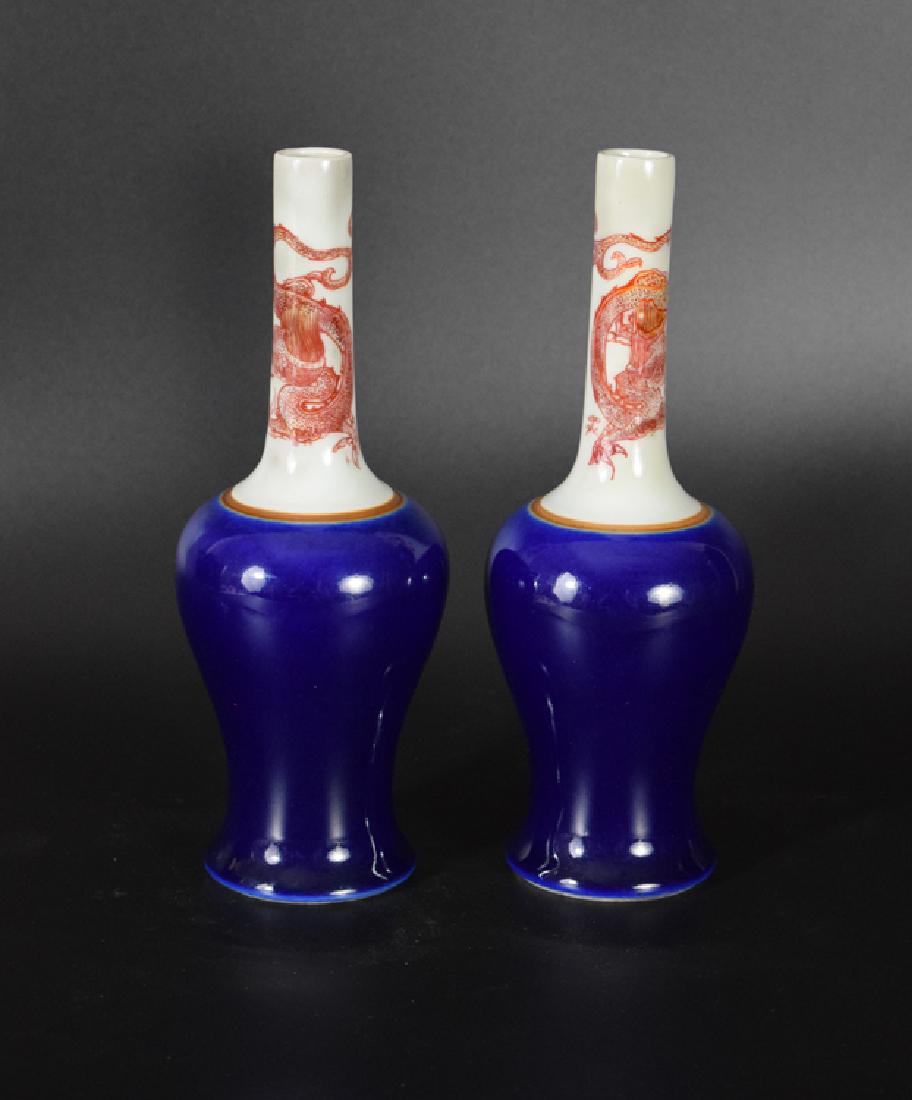 Pr. Chinese Qing Blue and iron red porcelain bell vases (1 of 5)