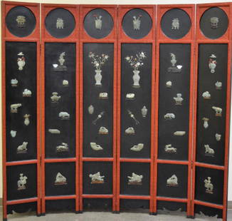 Chinese jade inlaid cinnabar six panel screen: Chinese jade inlaid cinnabar six panel screen. depicting scholar objects, the back side having gold lacquer painted birds and flowers. Circa 20th C. 15"W x 84 3/4"H x 6