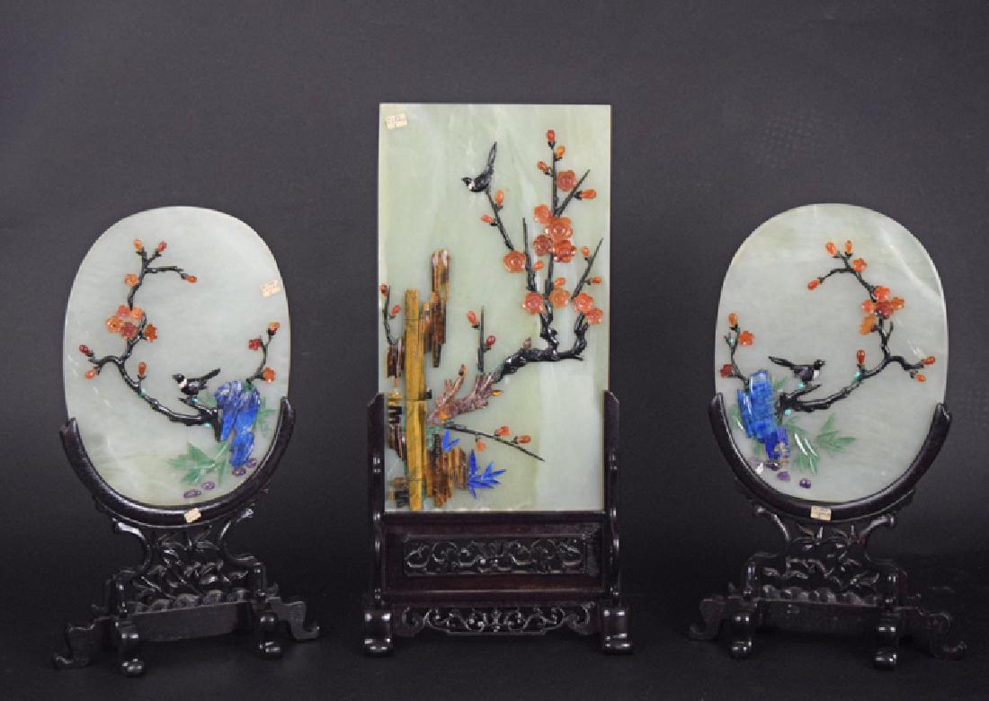 Set of three Chinese carved semiprecious stone inlaid (1 of 4)