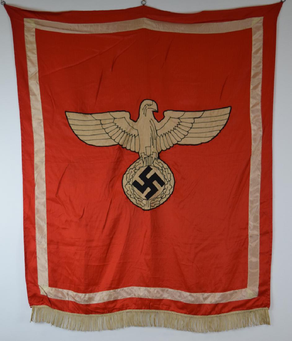 WWII German Gauleiter Podium Banner: WWII German (Nazi) Gauleiter Podium Banner. Beautiful stitched Eagle over swastika on one side only. Color of Eagle and circle surrounding swastika is in gold color material. Has over 1 1/2 W of Gold