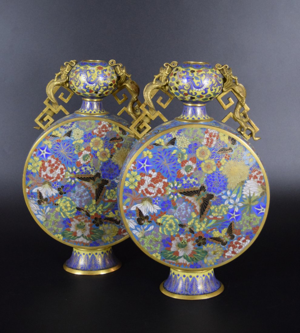Pr. Chinese Qing cloisonne moon-flask vases (1 of 5)