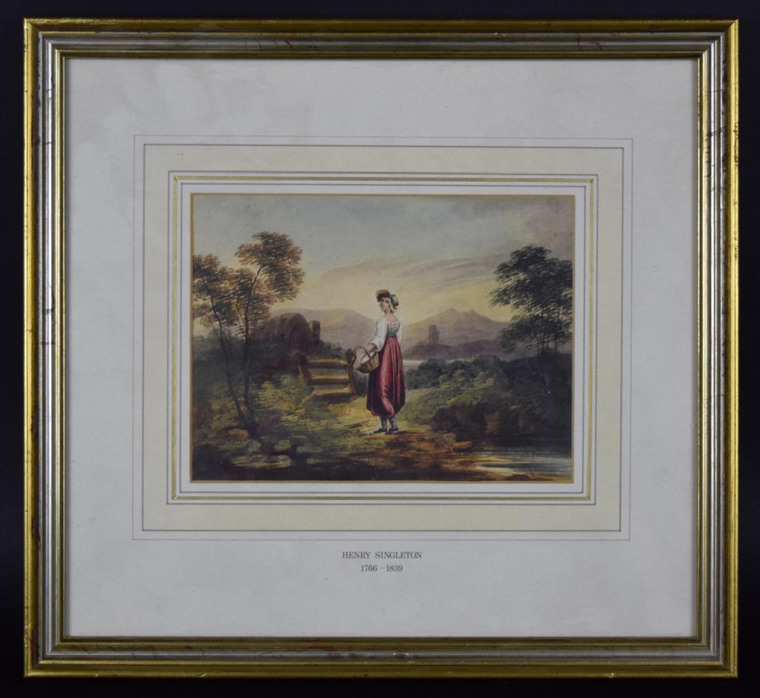Antique watercolor "Girl with basket" by listed artist: Antique watercolor " Girl with basket" by listed artist Henry Singleton ( 1766-1839 ), image size 9,5" x 5,5". Henry Singleton was active/lived in United Kingdom. Henry Singleton is known for painting