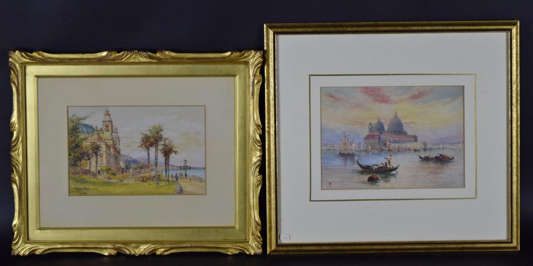 Pair of Antique Watercolor Paintings: 1st - Antique British watercolor "Scene with boats and castle" image size 9,25" x 6,5". Framed - 16.5" x 15". 2nd Antique watercolor signed "Monte Carlo 1925". image size 9" x 5.75". Framed - 16.25" x