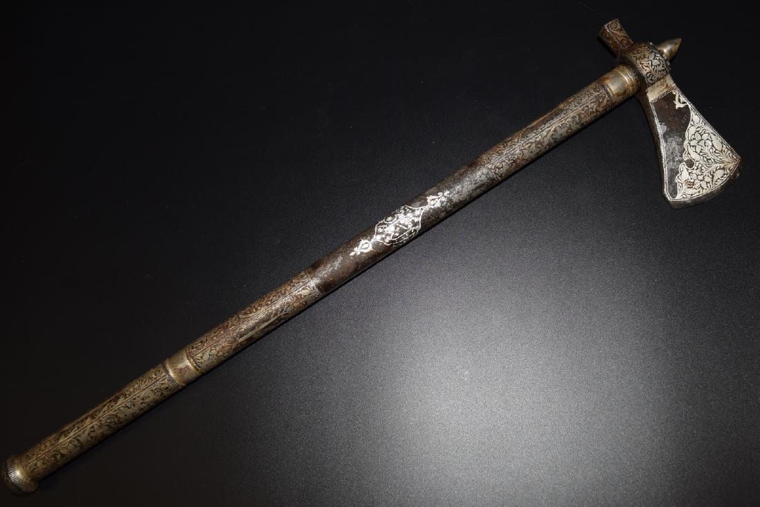 19th C. Indian Islamic Tabar Silver Inlaid Battle Axe (1 of 5)