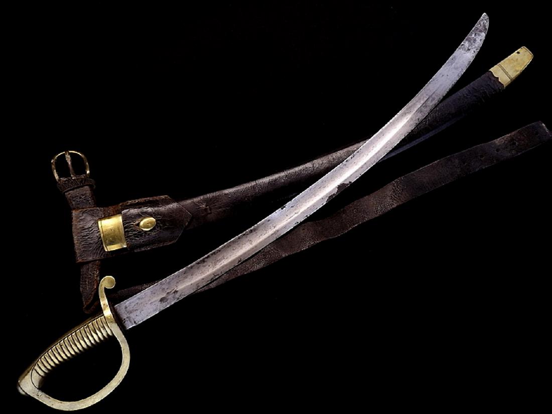 American Revolution era English or French Infantry: American Revolution era English or French Infantry Hanger Sword with Scabbard and Belt. Rare to find with original leather scabbard having its frog and belt still present, solid brass hilt and broad l