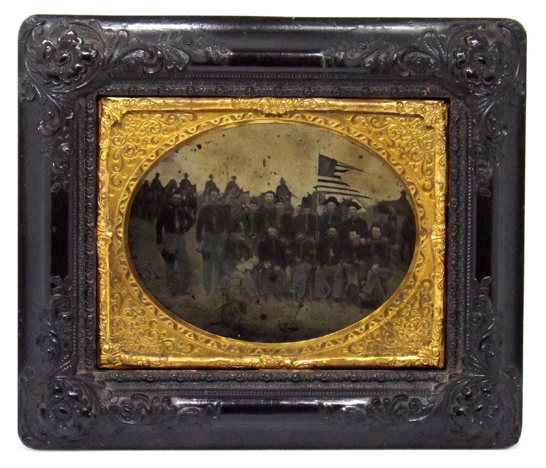 Rare Half-plate Tintype Image of a Civil War Cavalry: Rare Half-plate Tintype Image of a Civil War Cavalry Unit with a Regiment Flag, in Thermoplastic Frame