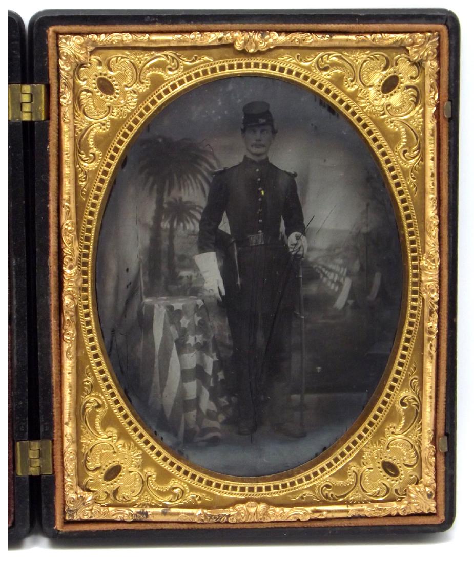 Half-plate Ambrotype Image of a Civil War: Half-plate Ambrotype Image of a Civil War Soldier/Officer with Sword, Pistol & Real American Flag