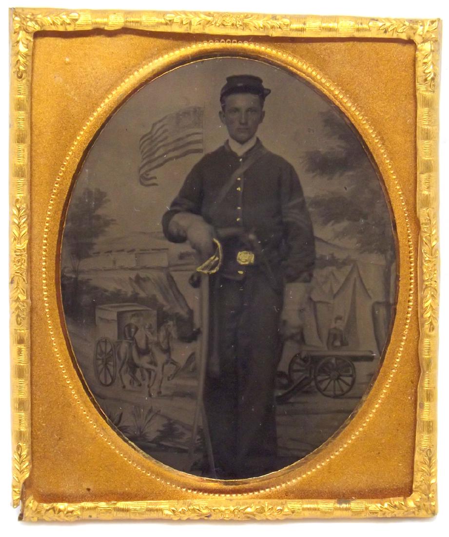 1/6 plate Tintype of a Civil War Yong Kid Soldier Armed: 1/6 plate Tintype of a Civil War Yong Kid Soldier Armed with a Cavalry Sword & Large Pistol