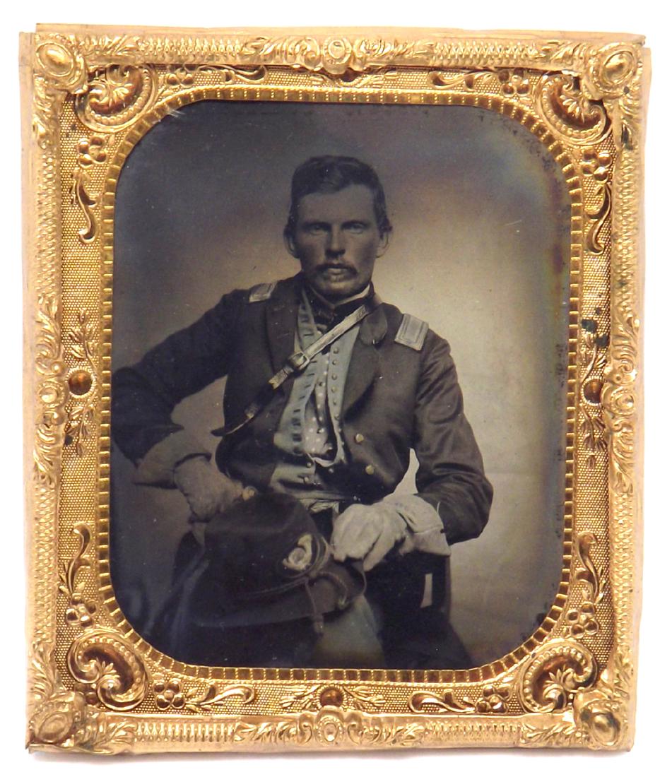 1/6 plate Tintype of a Civil War Officer with Regiment: 1/6 plate Tintype of a Civil War Officer with Regiment # Hand-written on his Glove, Fine piece of Photography !