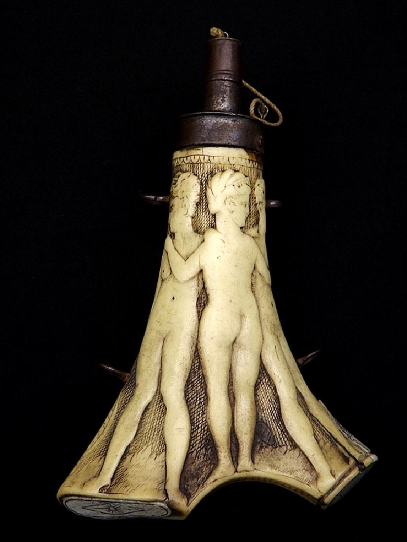 17th-18th C. European Aristocrats Carved Deer Horn: Fine 17th-18th C. European Aristocrats Carved Deer Horn Powder Flask for Wheel-lock PistolExquisite early Powder flask, most likely German or French dating from the 17th to 18th century period, of one