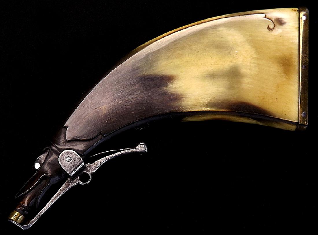 18th-19th C. English or American Carved Bull Horn: Very Cool 18th-19th C. English or American Carved Bull Horn Hunting Powder Flask.Lovely piece with a carved hound dog head nozzle steel spring and brass lower mount, the dogs eyes inlaid with mother o
