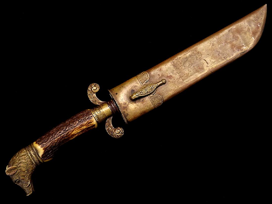 Late 18th-Early 19th C. Large English Hunting Knife: Late 18th-Early 19th C. Large English Hunting Knife with Etched blade and Boar Head pommelEarly English aristocrats hunting knife with a very robust single edged blade of distinctive form having elabo