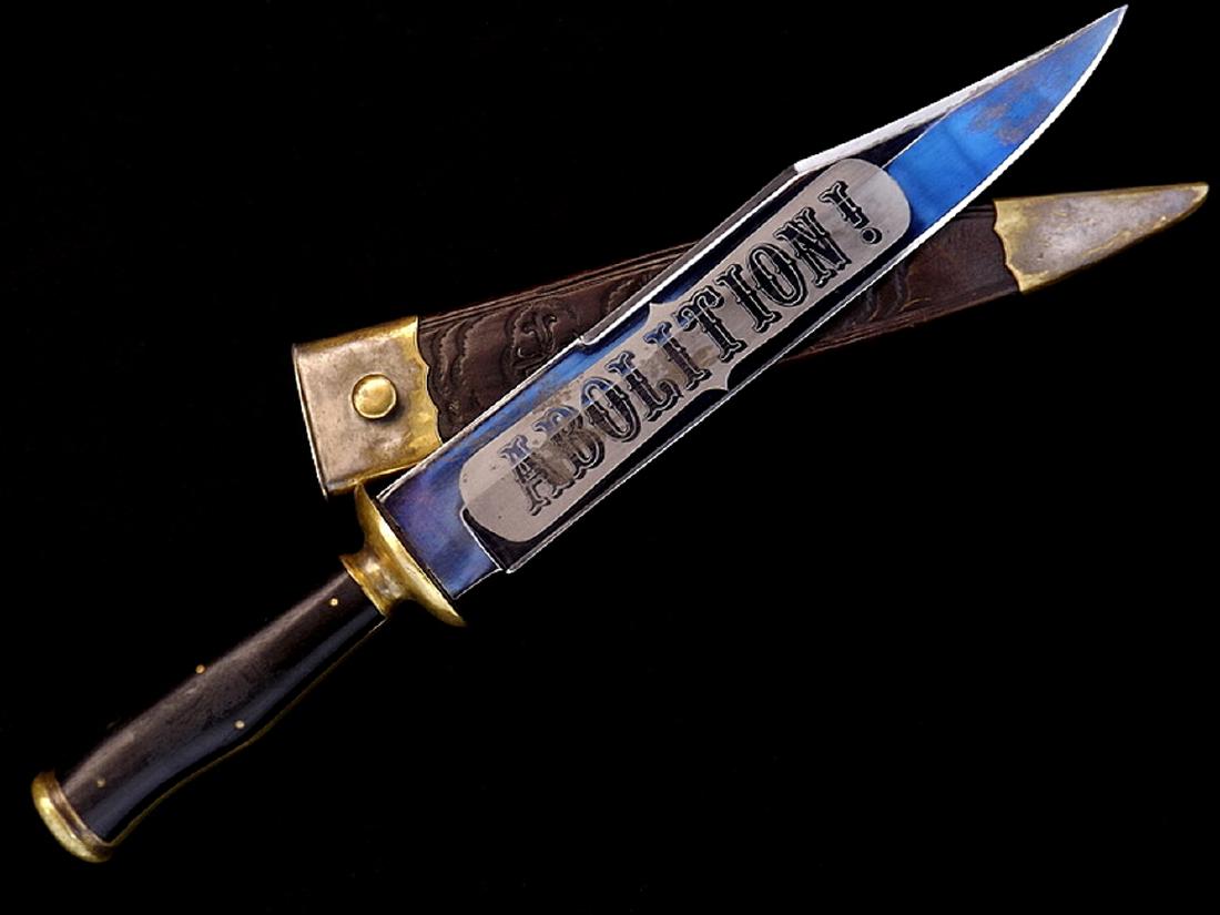 American Civil War era English Bowie Knife "DEATH TO: American Civil War era English Bowie Knife "DEATH TO ABOLITION" by R. Booth & SonsVery handsome large bowie knife with silver plated brass furniture showing considerable age wear to silver finish, ins