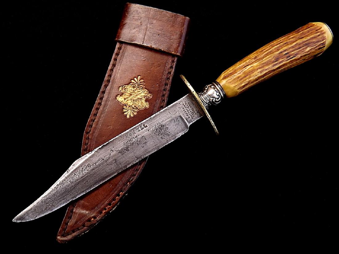 Circa 1870s-80s English NON*XLL Bowie Knife by "Joseph: Circa 1870s-80s English NON*XLL Bowie Knife by "Joseph Allen & Sons ". A nice later example with deer stag grip having silver mounts and an oval brass guard. Blade of clip point form marked on one sid
