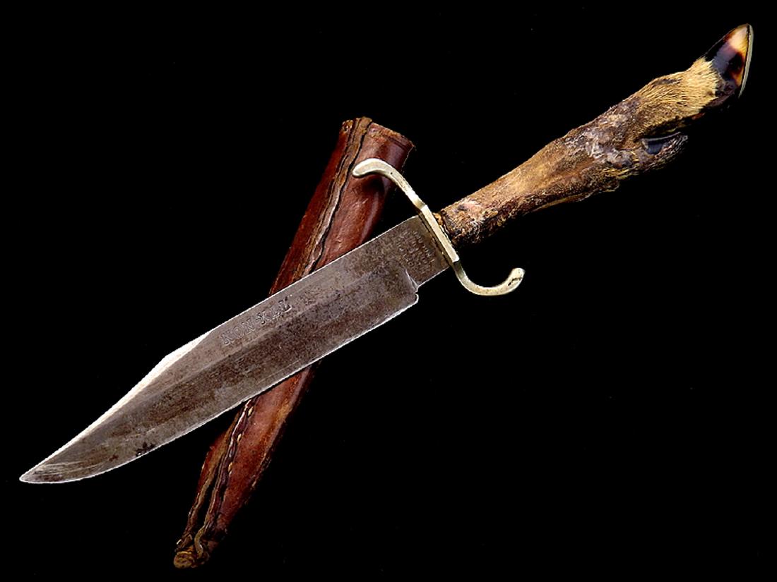 Circa 1870-1880s English Hunting Bowie Knife by "Joseph: Circa 1870-1880s English Hunting Bowie Knife by "Joseph Alan & Sons". Nice later example with a deer leg handle, German silver guard and clip point blade marked with a makers logo and NON*XLL on the s