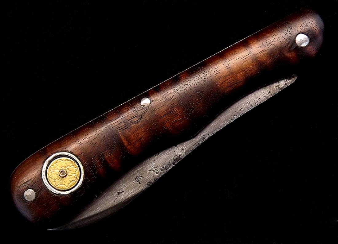 Circa 1820s-1840s American Folding Bowie Knife with: Circa 1820s-1840s American Folding Bowie Knife with Silver Gold & Diamond. Very cool and very early American made folder, most likely owned by a Gold digger or a Gambler in early 1800s, having lovely
