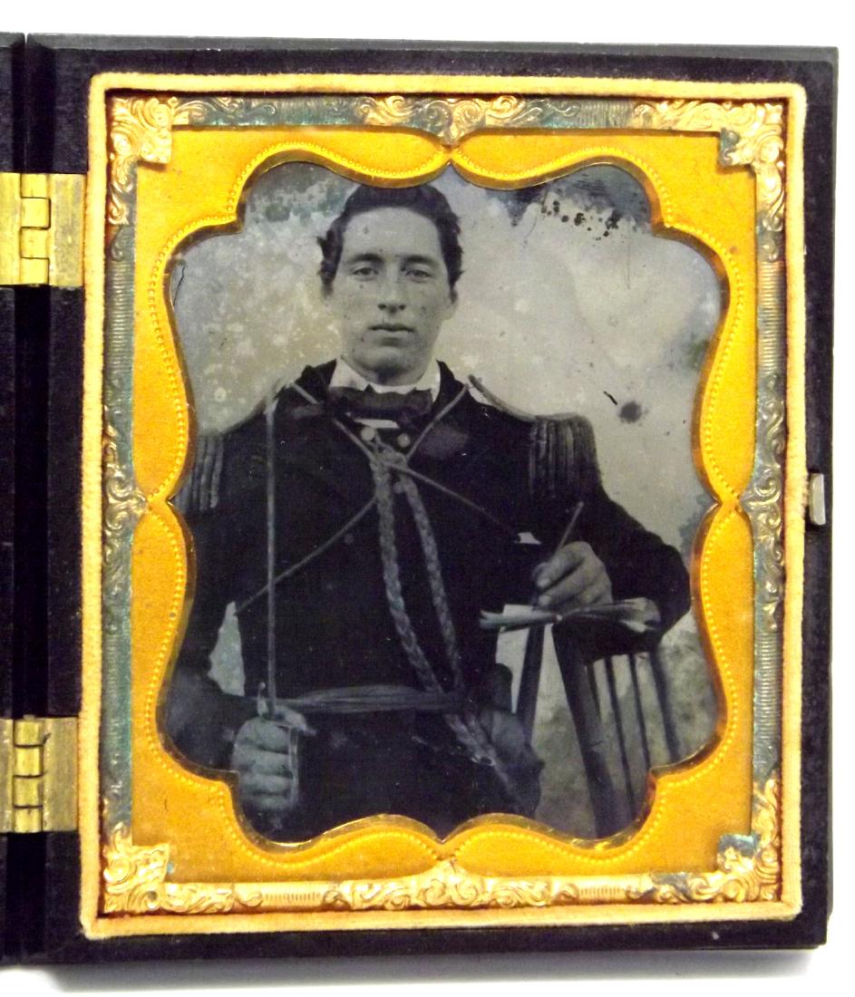 Rare 1/6 plate Tintype/Ambrotype Image of Civil War: Rare 1/6 plate Tintype/Ambrotype Image of Civil War Officer Armed with a Sword & Writing a Letter, in Good Union Case