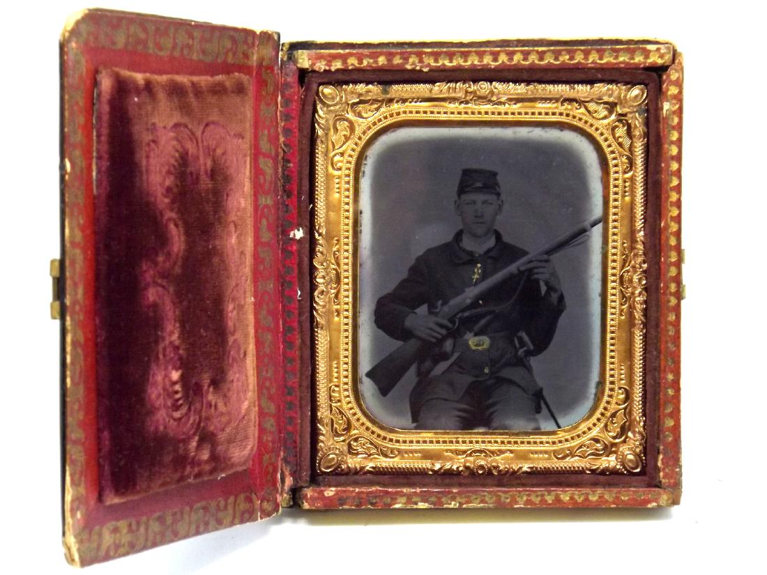 1/6 plate Tintype Image of Civil War Soldier Armed with: 1/6 plate Tintype Image of Civil War Soldier Armed with a Large Bowie Knife, Rifle & Bayonet, Signed & Dated, in Great Inlaid Case.