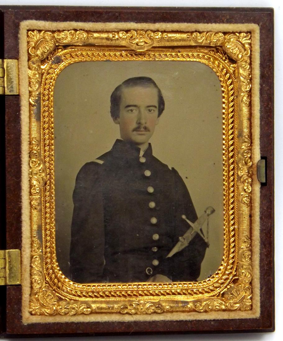 Rare 1/9 plate Ambrotype Image of pre- Civil War: Rare 1/9 plate Ambrotype Image of pre- Civil War Soldier/Officer Armed with Ames Militia Sword, in Good Thermoplastic Union Case