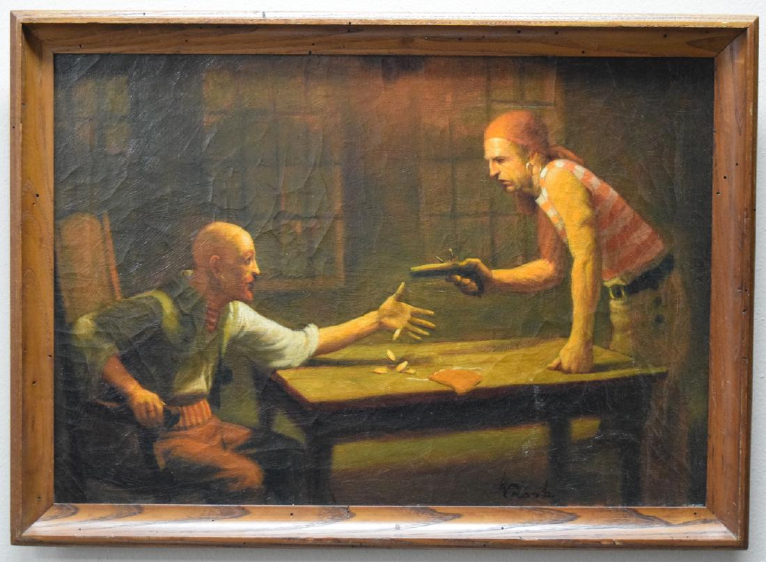 Antique oil on canvas painting depicting two Caribbean: Antique oil on canvas painting depicting two Caribbean pirates during the gambling argument. Signed right low corner K.Crook. Good original condition with nice colors. Period frame. Dimensions: with f