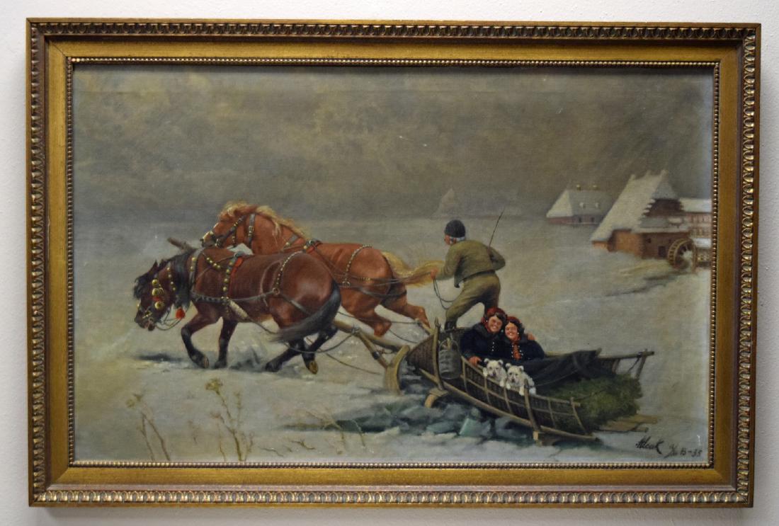 Antique European oil on canvas painting depicting two: Antique European oil on canvas painting depicting two happy girls with dogs on horses drawn sled falling through ice. Signed and dated in low right corner. Very good condition for the age with strong 