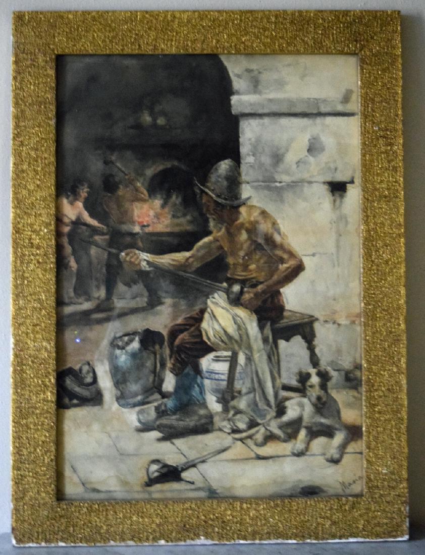 Antique framed watercolor depicting blacksmith making: Antique framed watercolor depicting blacksmith making armor for medieval warrior. Fine details. Signed low right corner. Dimensions: in frame 35" x 26", painting without frame 30" x 21".