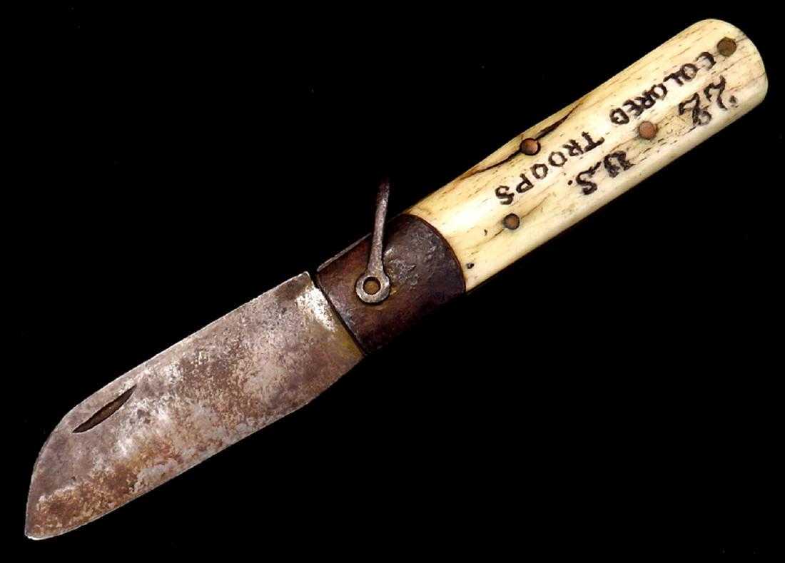 Rare Ided American Civil War Black Soldiers Folding: Rare Ided American Civil War Black Soldiers Folding Knife "22 U.S. Colored Troops". Identified Civil War era knife belonged to a Black soldier of the 22 US Colored troops and etched accordingly on one
