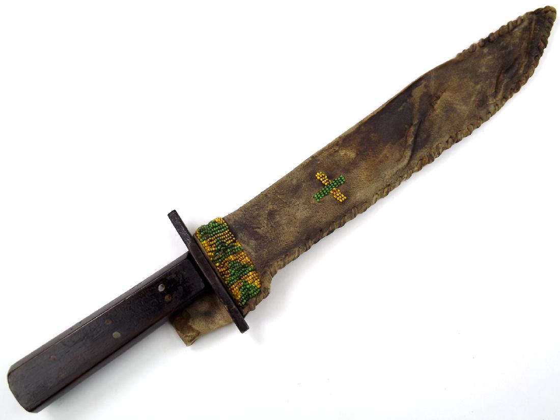 Post American Civil War Native Indian Used Large Bowie: Post American Civil War Native Indian Used Large Bowie Knife by "ALBERT PICK & Co. Chicago". With a wooden coffin shape grip and iron cross guard. Having a large single edged blade of clip-point bowie