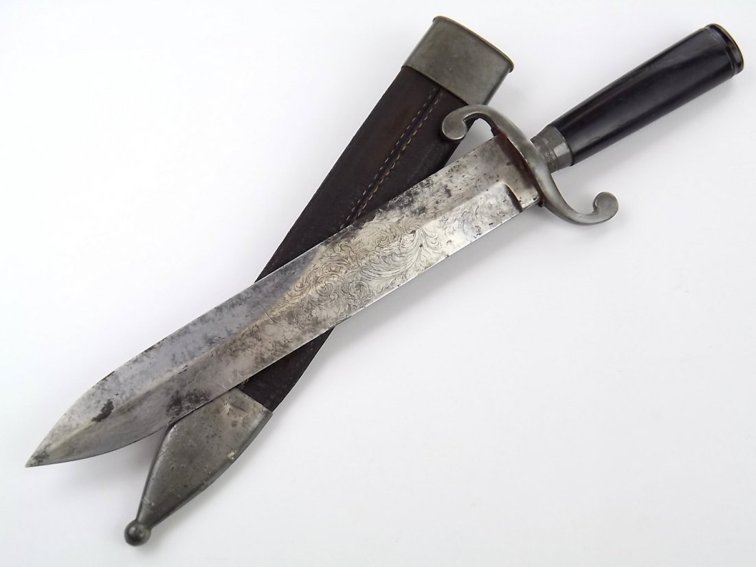 Large 19th C. Bowie Knife with Ornate Blade: Large 19th C. Bowie Knife with Ornate Blade, Probably used during American Civil War. An impressive early Bowie with a beefy single edged blade of spear-point form, having fine quality etched decorati