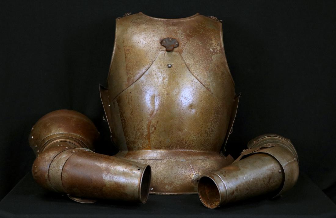 An Old Composite Body Armor Quirass and Arms of a: An Old Composite Body Armor Quirass and Arms of a 15th-17th C. Knight style. A nice composite ensemble of the early knight's style armor, consisting of a body front and back plates, the front one with