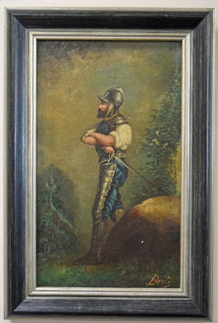 Antique framed oil on canvas painting of Medieval: Antique framed oil on canvas painting of Medieval knight by artist Berte. Signed in right lower corner. Dimensions in frame - 20" x 13", without frame - 16" x 9"
