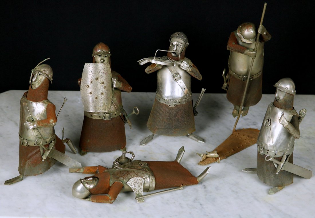 Group of 6 Hand Made Sculptures of Comical Medieval: Group of 6 Hand Made Sculptures of Comical Medieval Soldiers, Signed by Michel Laude. This is an amazing sculpture grouping of mixed metals, by French artist Michel Laude. 6 Soldiers with weapons in c